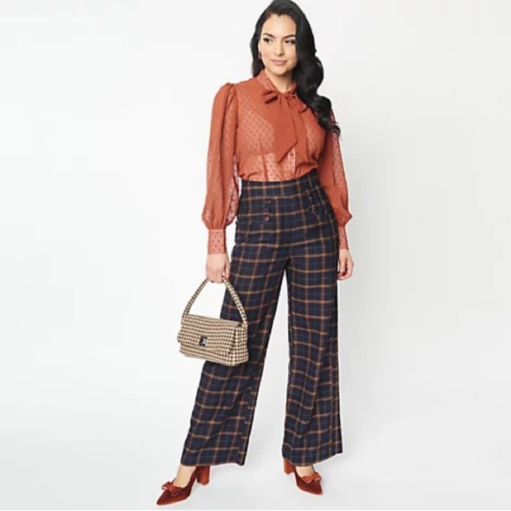 New Unique Vintage Navy & Orange Plaid High Waist Sailor Ginger Pants